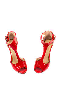 High angle view of red shoes against white background