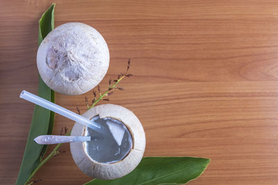 High angle view of ice cream cone on table