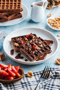 High angle view of breakfast served on table