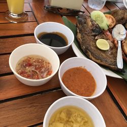 High angle view of meal served on table