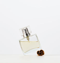 Square glass perfume bottle isolated on white background
