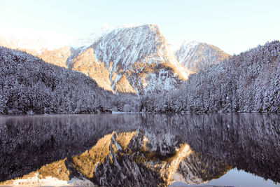 Reflection of trees on lake against sky during winter