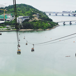 Overhead cable car over sea against sky