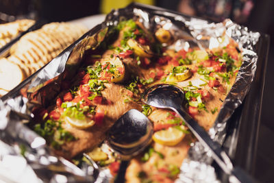 High angle view of meal served on table