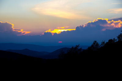 Scenic view of silhouette mountains against sky at sunset