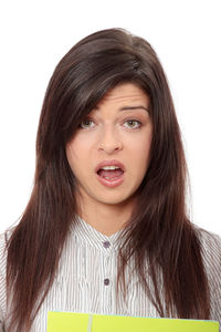 Close-up portrait of a beautiful young woman over white background