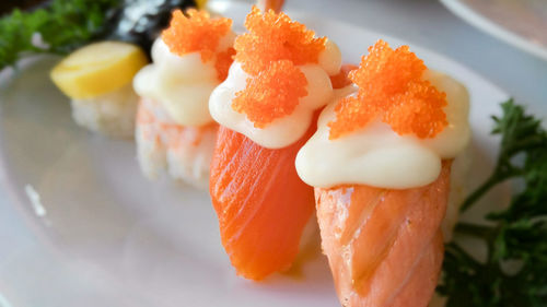 Close-up of sushi served in plate