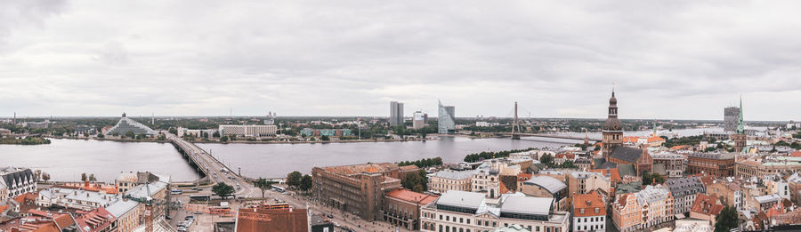 High angle view of buildings against cloudy sky