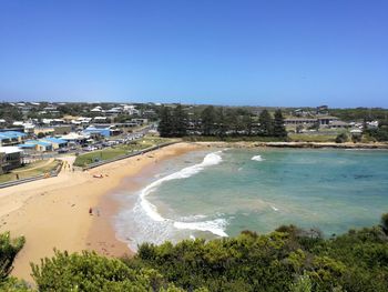 High angle view of beach against clear blue sky