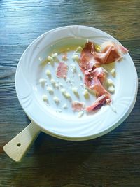 High angle view of food in plate on table