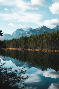 Scenic view of lake by mountains against sky