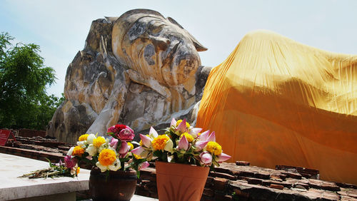 Statue of flowers against mountain