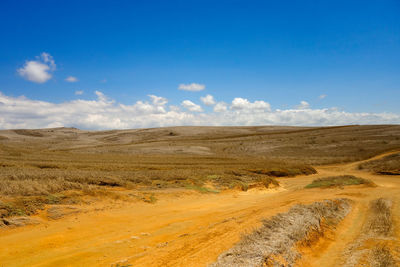 Scenic view of desert against blue sky