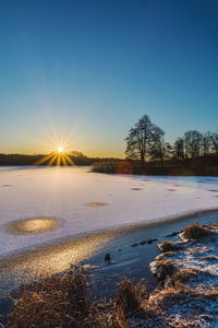 Scenic view of frozen lake against clear sky during winter