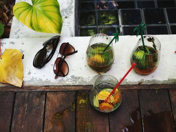 High angle view of drink on table