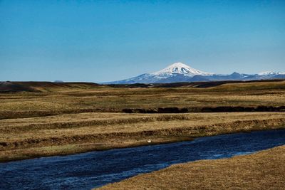 Scenic view of landscape against clear blue sky