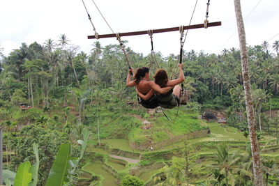 Rear view of shirtless man sitting in forest