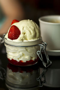 Close-up of ice cream on table