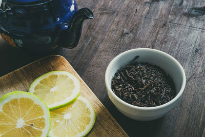 High angle view of tea served on table