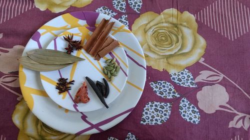 High angle view of flowers in plate