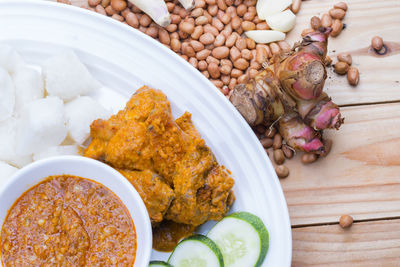 High angle view of food in plate on table