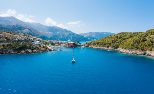 Scenic view of sea against blue sky