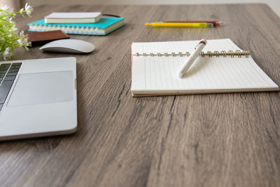 High angle view of pencils on table