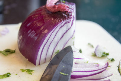 Close-up of onion slices and knife on cutting board