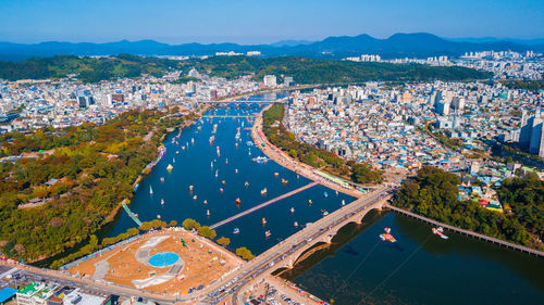 High angle view of cityscape against sky