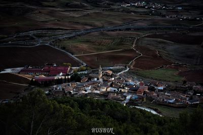 High angle view of houses in town