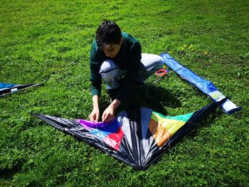 High angle view of baby on field