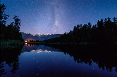 The mirror lake of matheson lake with the milky way.