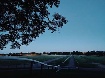 Scenic view of swimming field against clear blue sky