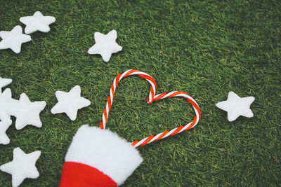 High angle view of christmas decorations on table