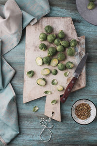 High angle view of chopped vegetables on cutting board