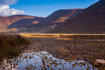 Scenic view of lake by mountain against sky