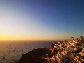 Aerial view of oia during sunset 