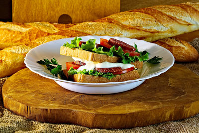 High angle view of breakfast served on table