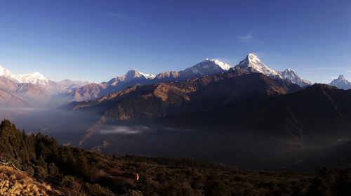 Panorama view of himalayan mountain range during sunrise view from poon hill view point at nepal