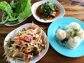 High angle view of food served on table