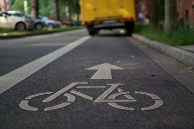 Road sign on street in city