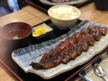 High angle view of food in plate on table