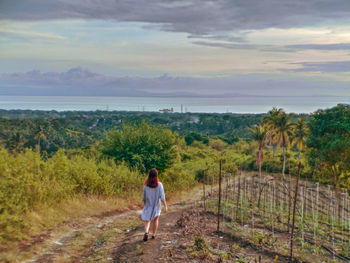 Rear view of woman looking at landscape against sky