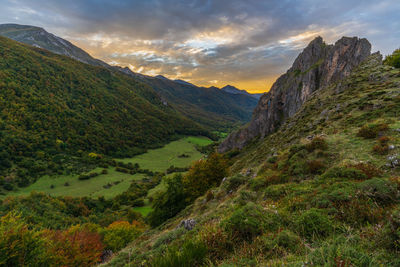 Scenic view of mountains against sky during sunset