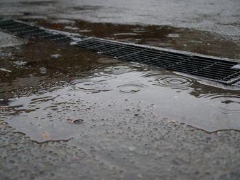 Close-up of raindrops on puddle