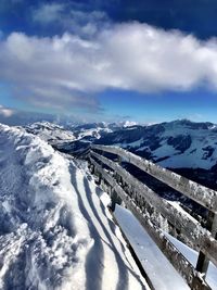 Aerial view of snowcapped mountains against sky