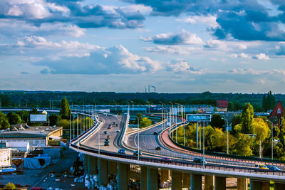 High angle view of bridge over city against sky