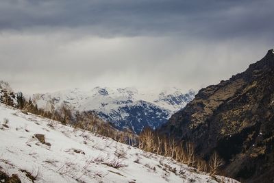 Scenic view of mountains against cloudy sky