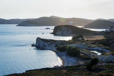 Scenic view of sea and mountains against sky