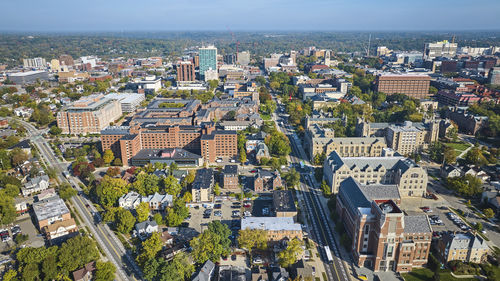 High angle view of buildings in city